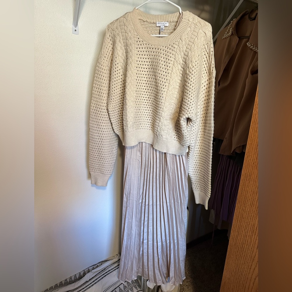 Champagne Current Air Pleated Dress and Sweater Set